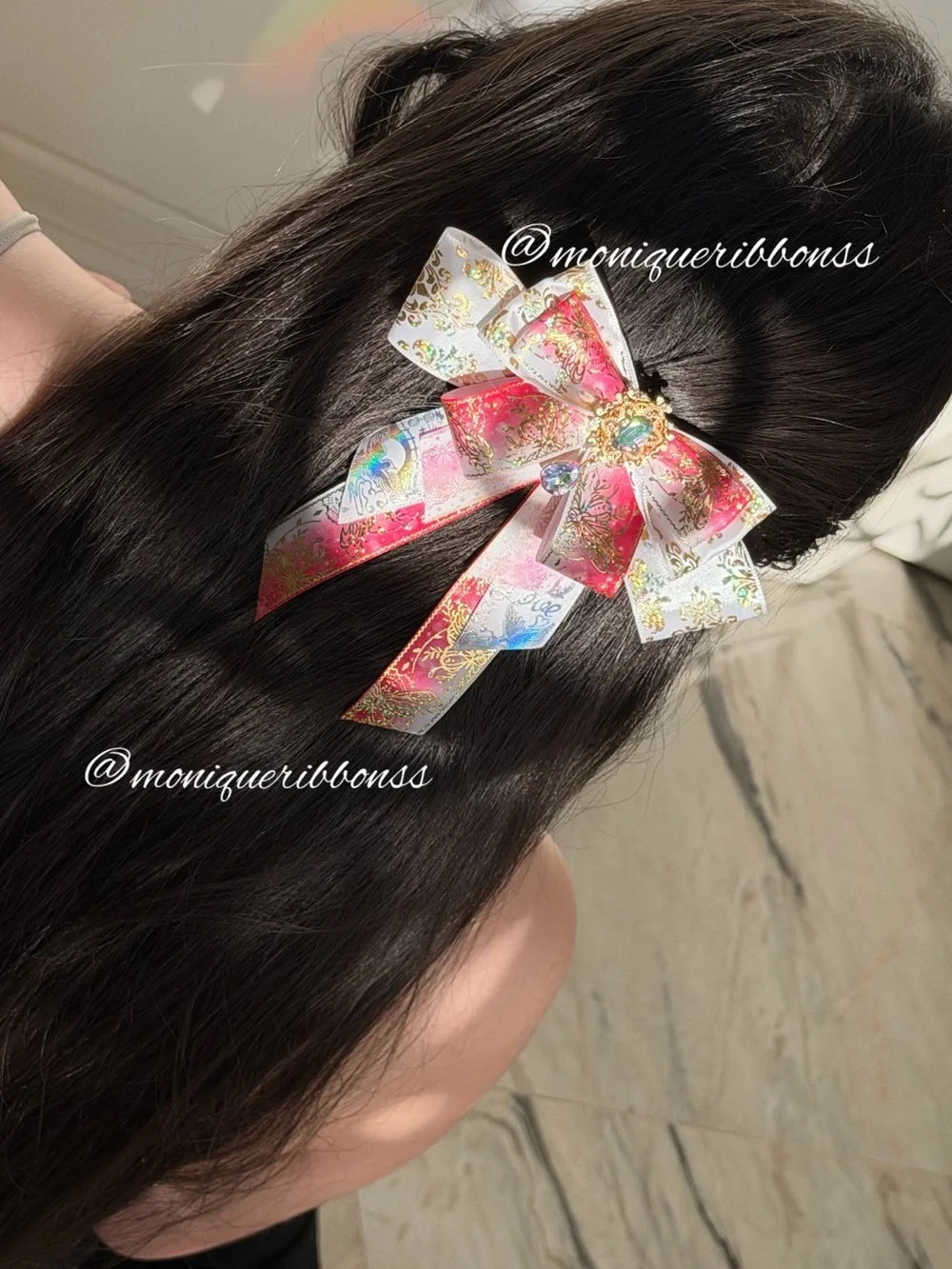 Handmade Pink and White Gold Accent Elegant Hair Bow